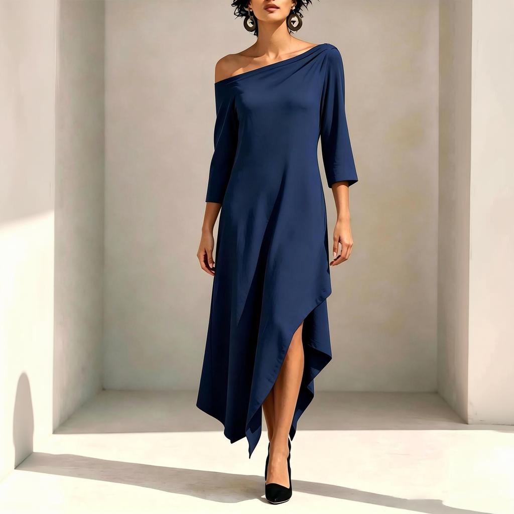 Modisches Midi-Kleid für Damen, Dreiviertelärmel, Asymmetrischer Saum