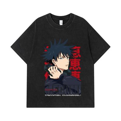 275 GSM Washed T-shirts 100% Cotton Jujutsu Kaisen V38 Megumi Print Unisex Heavy Cotton T Shirt