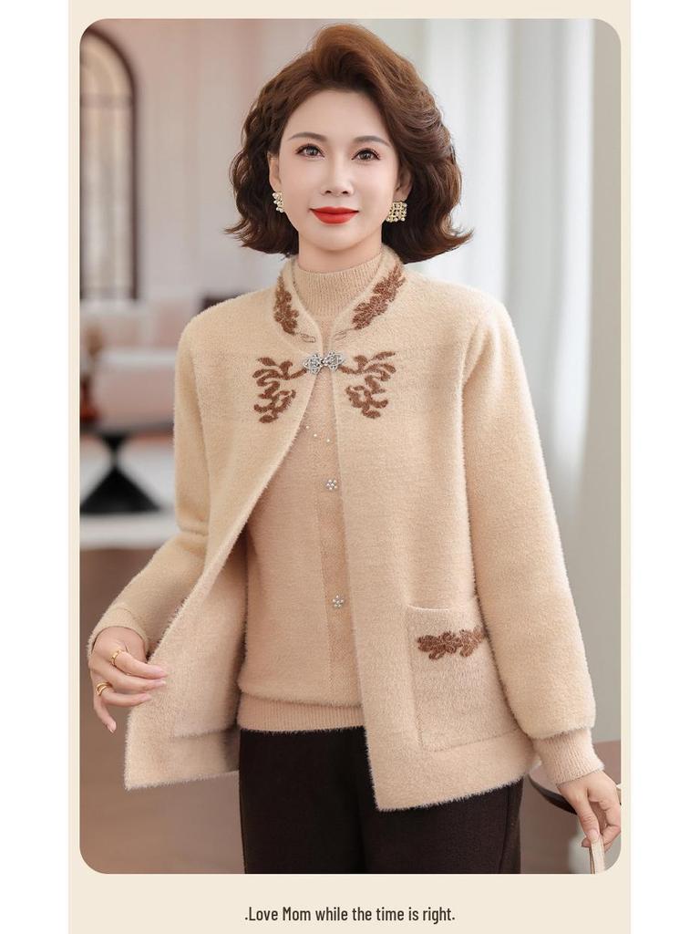 Women's Velvet Thick Coat with Half-high Collar, Winter Knit Two-piece Set for Middle-aged and Elderly Mothers