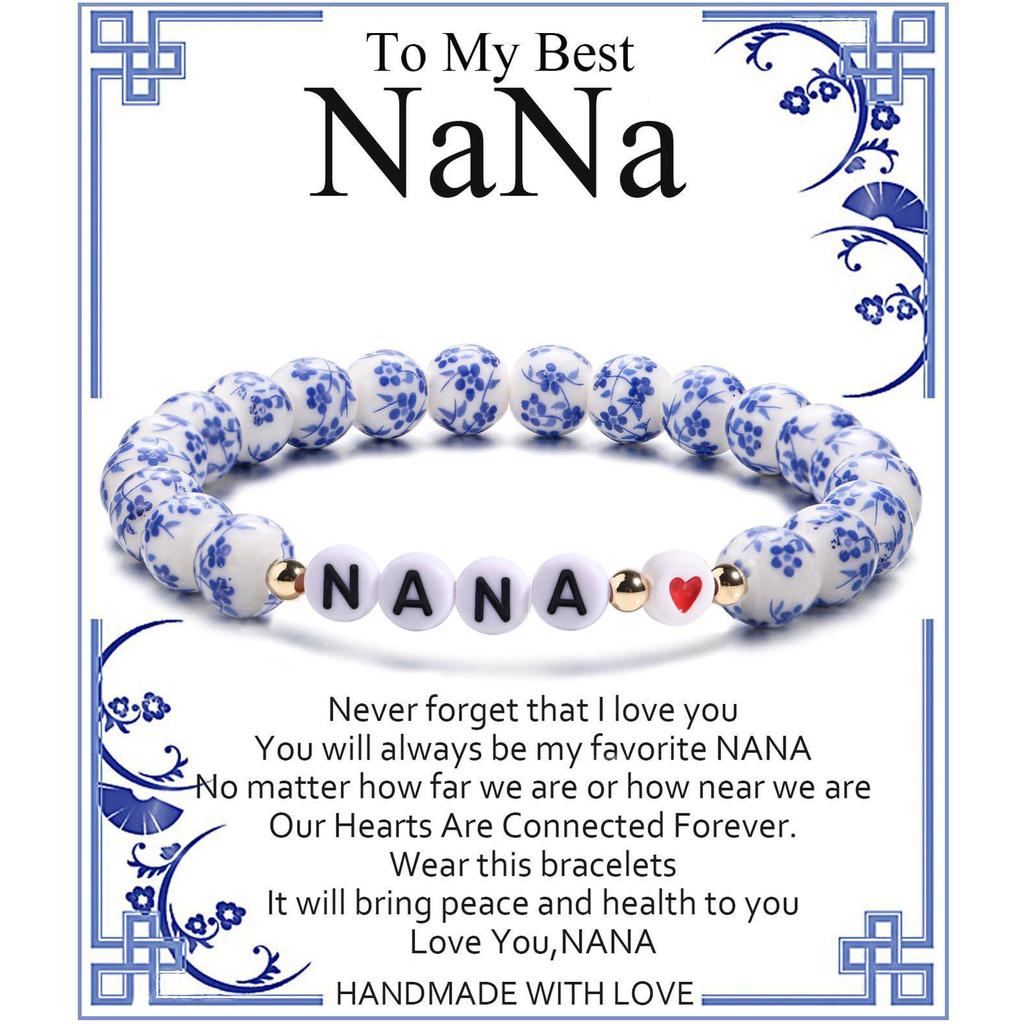 GIGI NANA Blue & White Porcelain Beaded Bracelet - Ethnic Style Elastic Birthday Gift