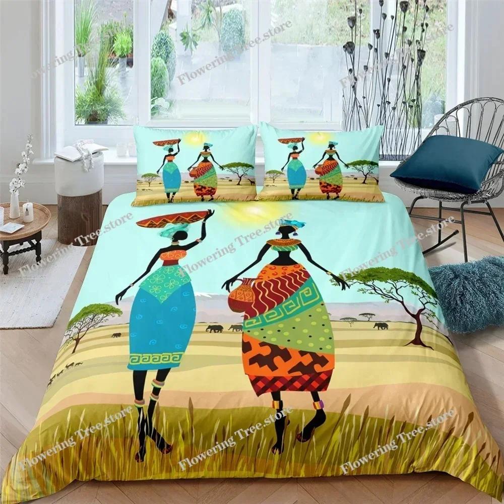 African Woman King Queen Duvet Cover Retro Exotic Tribal Black Girl Pattern Bedding Set Africa Polyester Quilt Cover Pillowcase0