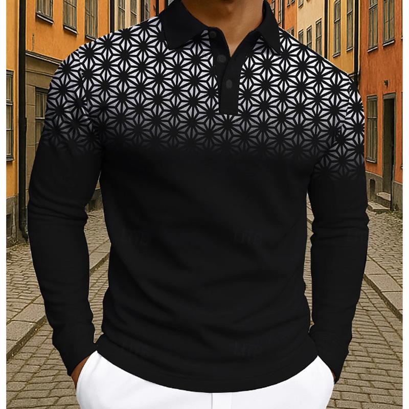 Men's Gradient Geometric Print Long‑Sleeve Polo Shirt Lapel Button Casual Slim Fit Tops