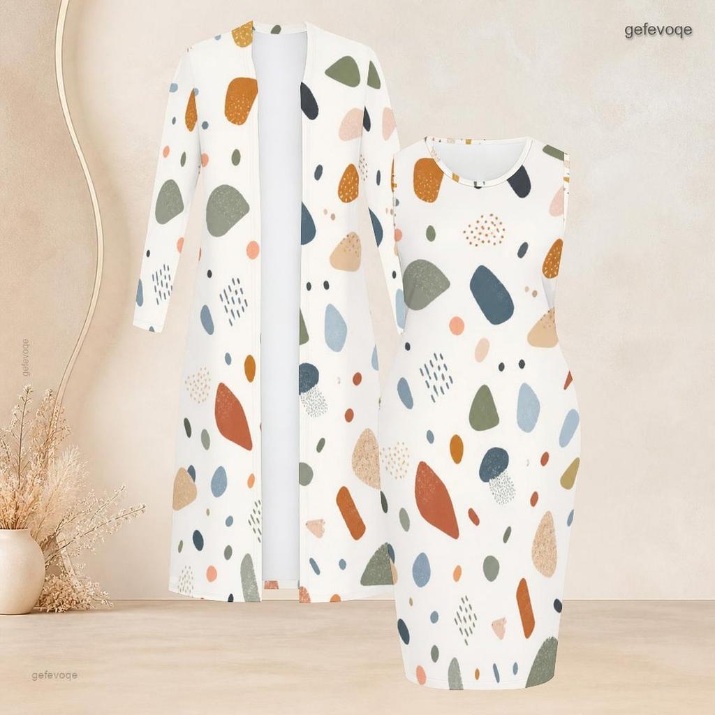 Women Plus Size Two Piece Set Long Sleeve Open Front Cardigan Round Neck Sleeveless Bodycon Dress Geometric Printed Pink Black White