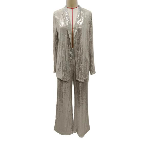 Women Pant Coat Shiny Sequin Formal Commute Style Solid Color Cardigan Long Seeve