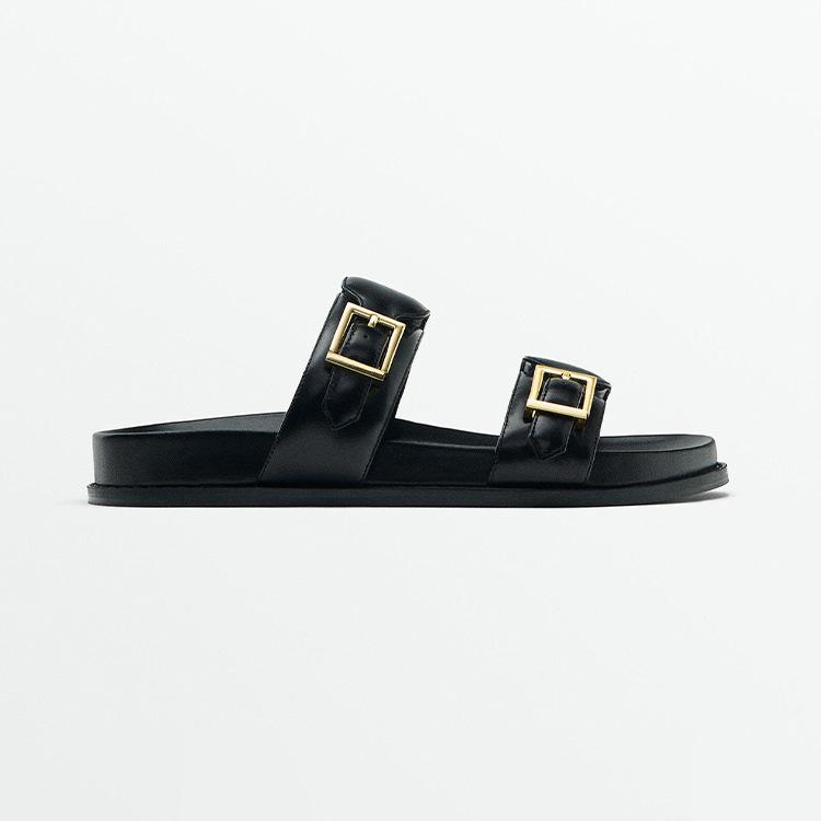 Fashion 2024 Black Flat Slippers For Woman Summer Women Fashion Buckle Strap Slipper New Casual Chic Indoor Flatform Sandals Shoes