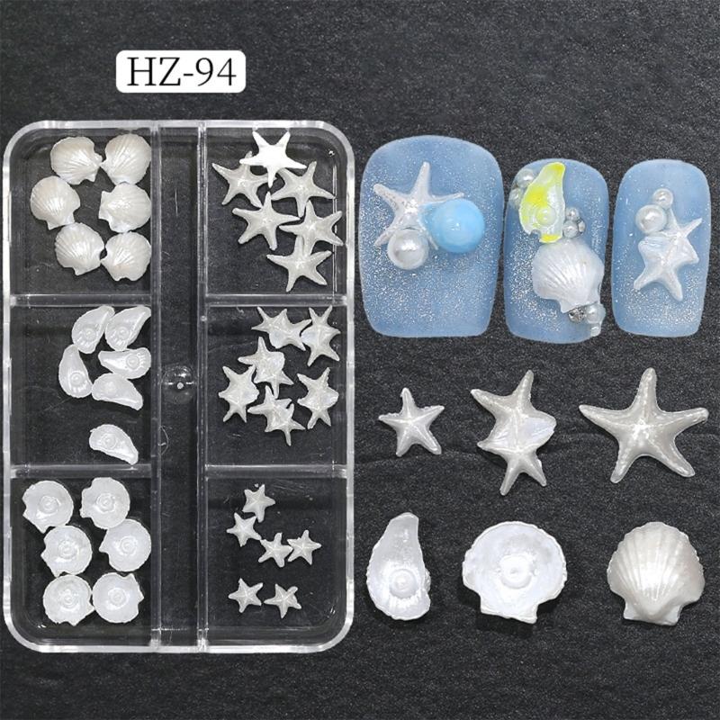 1Box/36pcs Shimmering Pearls White Resin Nail Charms Starfish And Shell Decorations For Party Wedding Nail Art Designs