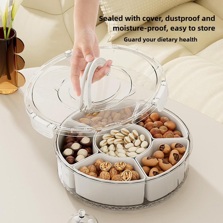 Rotation Divided Serving Tray with Lid and Handle,Large Snack Spinner,Snackle Box Container, Multi-Purpose Food Platter