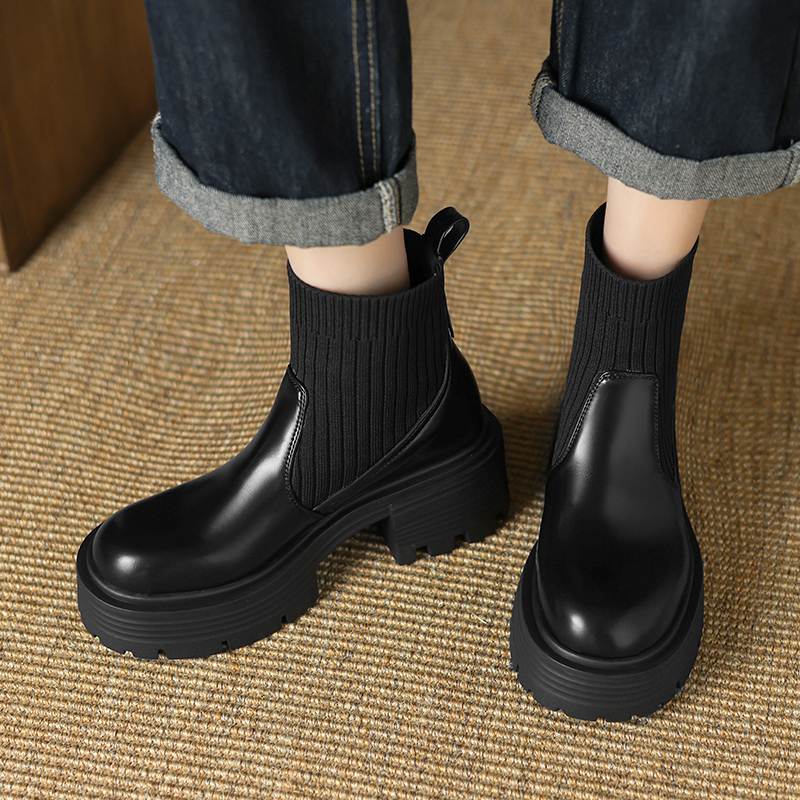 Krazing Pot Microfiber Autumn Winter Shoes Thick High Heels Thick Bottom Size 43 Motorcycle Boots Stretch Knitwear Ankle Boots