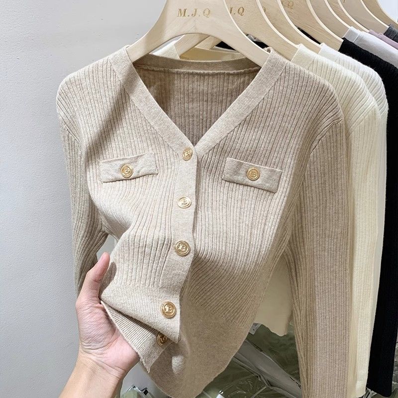 French Soild Elegant Knitted Cardigan Women Casual V-neck Base White Long Sleeved Sweater Tops Spring Autumn 2025
