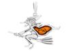 Silver Pendant With Amber Witch On A Broom Oxidized Charm 925