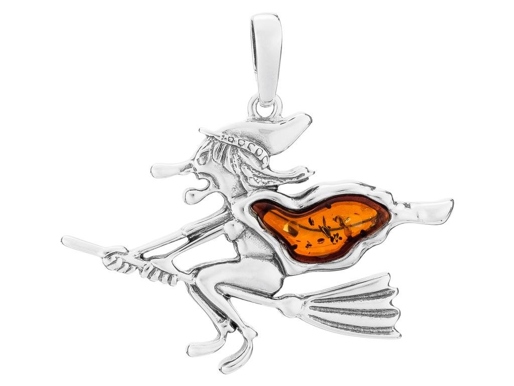Silver Pendant With Amber Witch On A Broom Oxidized Charm 925