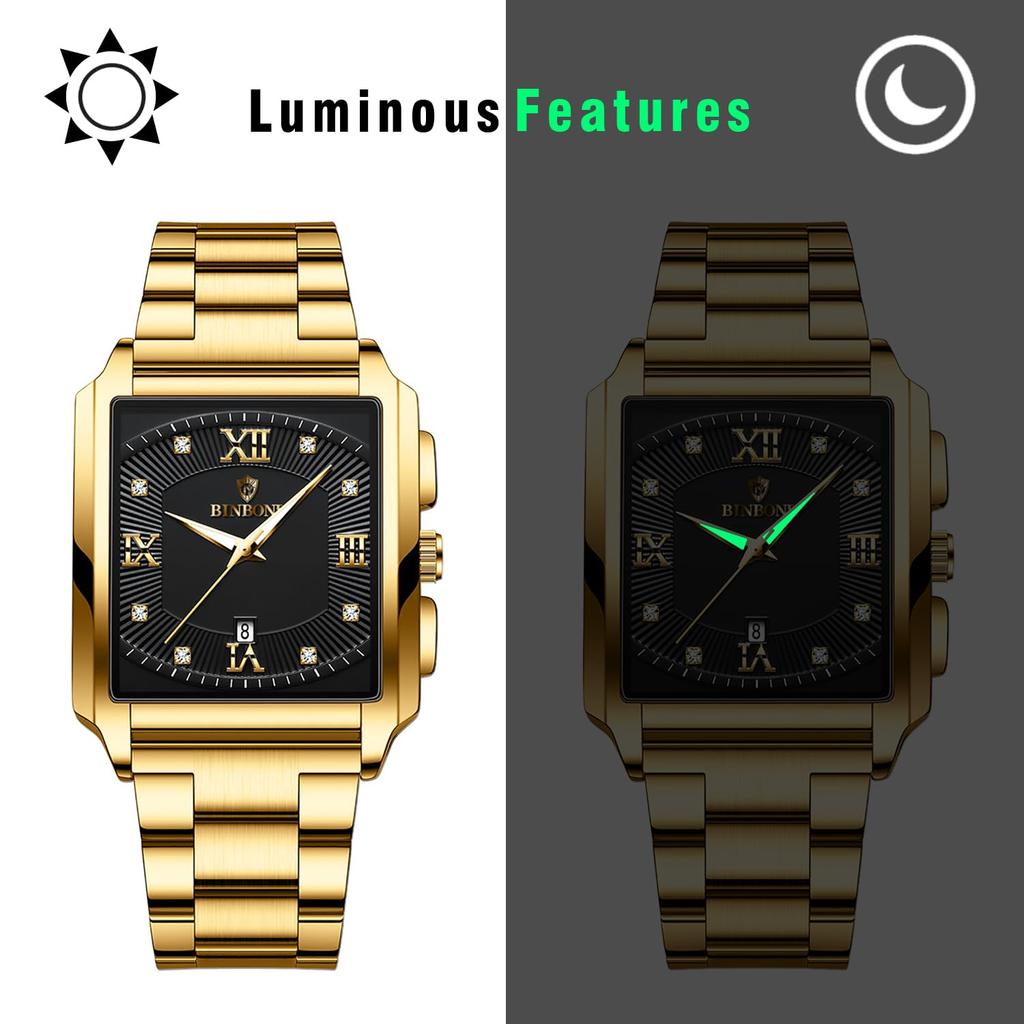Square Gold Watch with Roman Luminous 3ATM Water Stainless Steel Quartz Casual and Stylish Fashion Accessory Perfect Gift for Day Men's Calendar