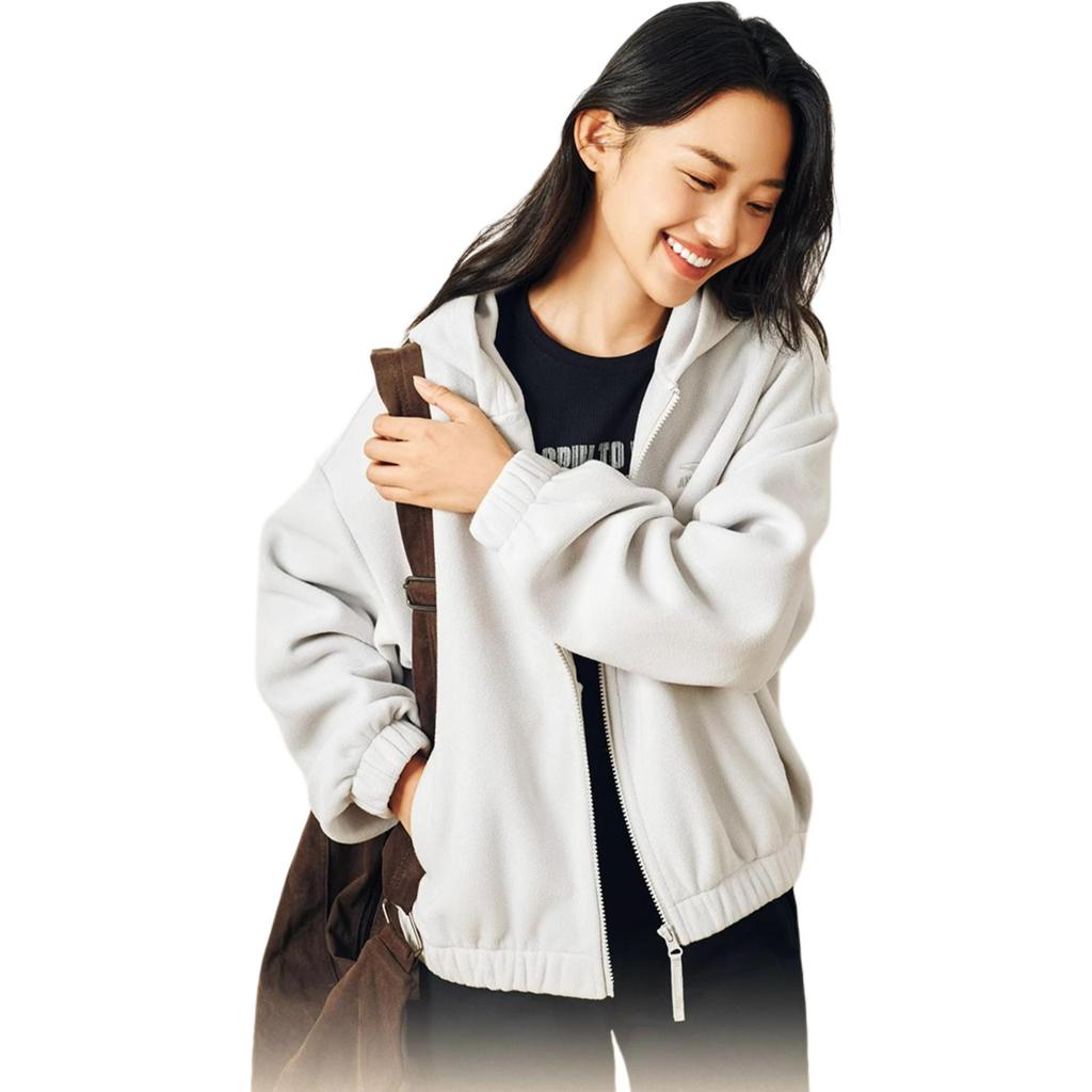 Anta Sports Lifestyle Series Solid Color Zipper Hooded Comfortable Breathable Fleece Warm Loose Jacket Women jackets Cloud-Gray 962448705-2