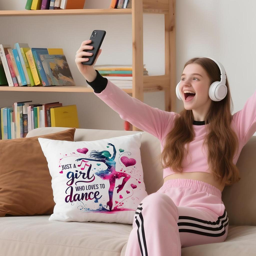 Dance Lover Pillow Cover 18x18 Inches, Watercolor Ballerina & Hearts Design, Gift for Dancers, Ballet Decor for Couch Home, Dance Studio Accentfor