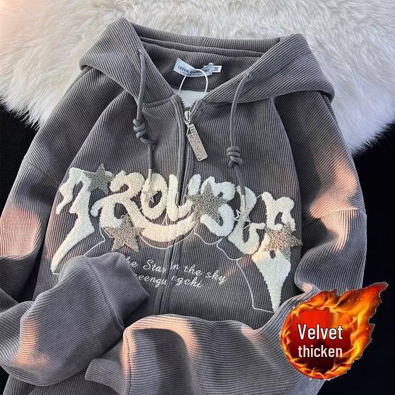 Women’s Vintage Star Corduroy Hooded Jacket - Trendy Loose Fit for Spring & Autumn