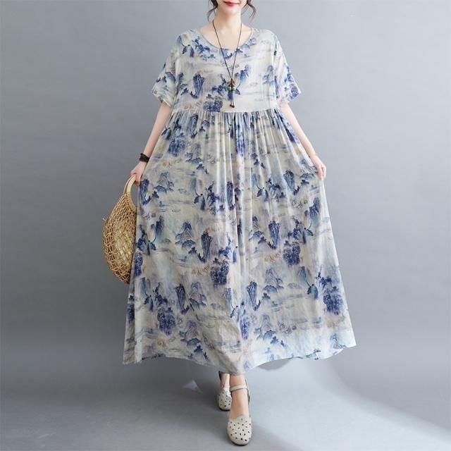 Summer New Literary Age Reduction Large Size Loose and Thin Printed Short-sleeved Long Dress with Pockets Over the Knee Skirt