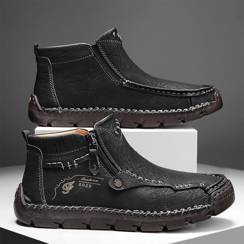 

Autumn and winter new large size men s casual handmade leather shoes with cotton warm mid-help tooling shoes 38 чорний