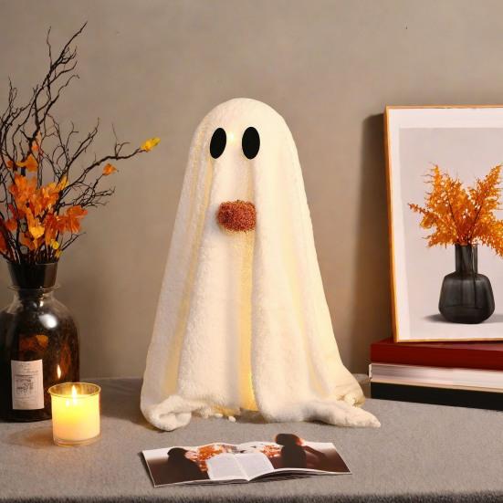 Light-Up Sherpa Ghosts with Pumpkin Cute Ghost Tabletop Decoration for Halloween Indoor Home Kitchen Fireplace Decor