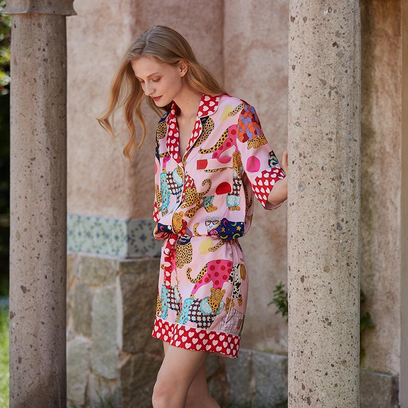 [Dressed Leopard] Pajamas women s summer ice silk sweet and cute wind short-sleeved loungewear suit can be worn outside in summer S