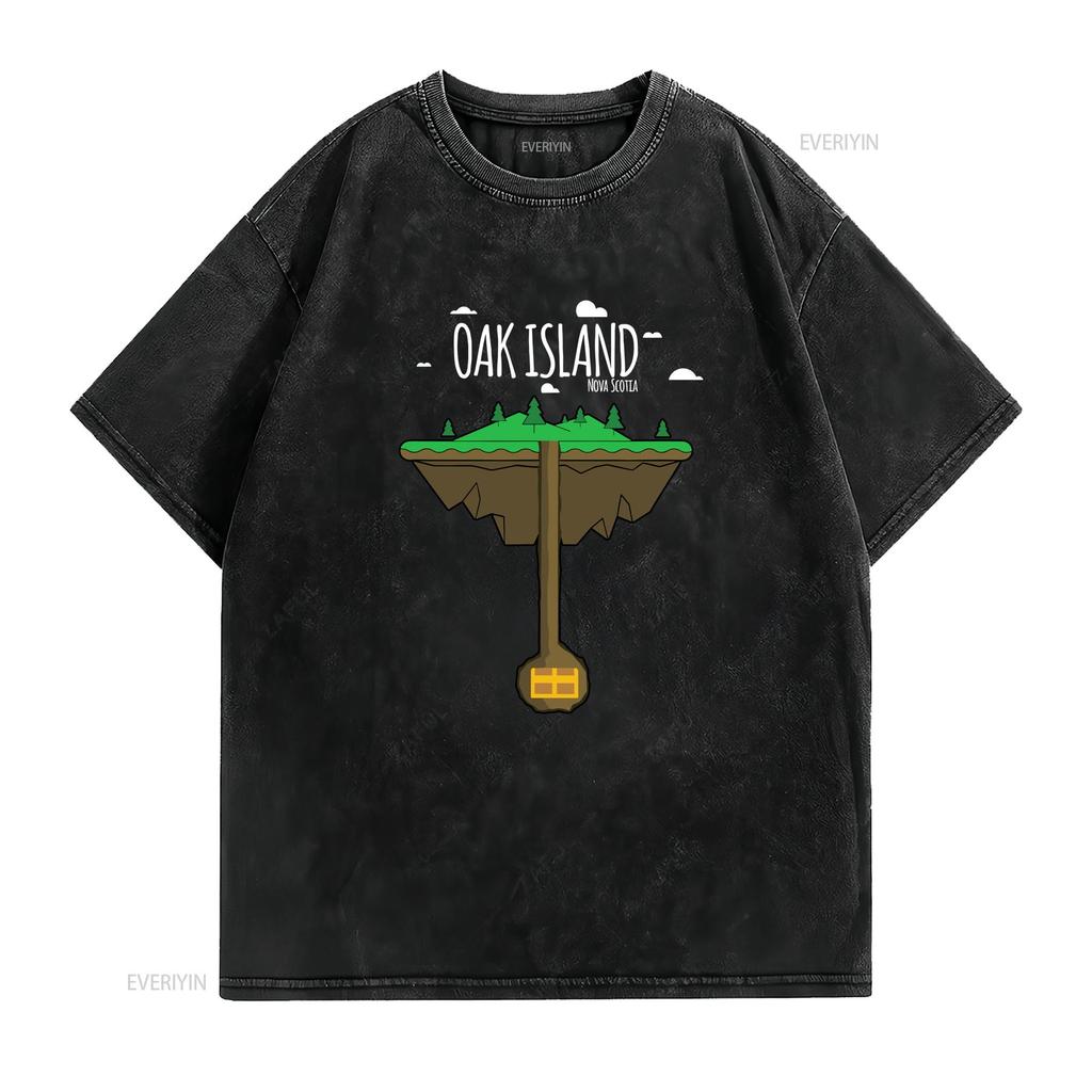 Oak Island NS Cartoon Map Cursed Treasure T Shirt White SS vintage Washed Comfortable fashion homme Soft graphic