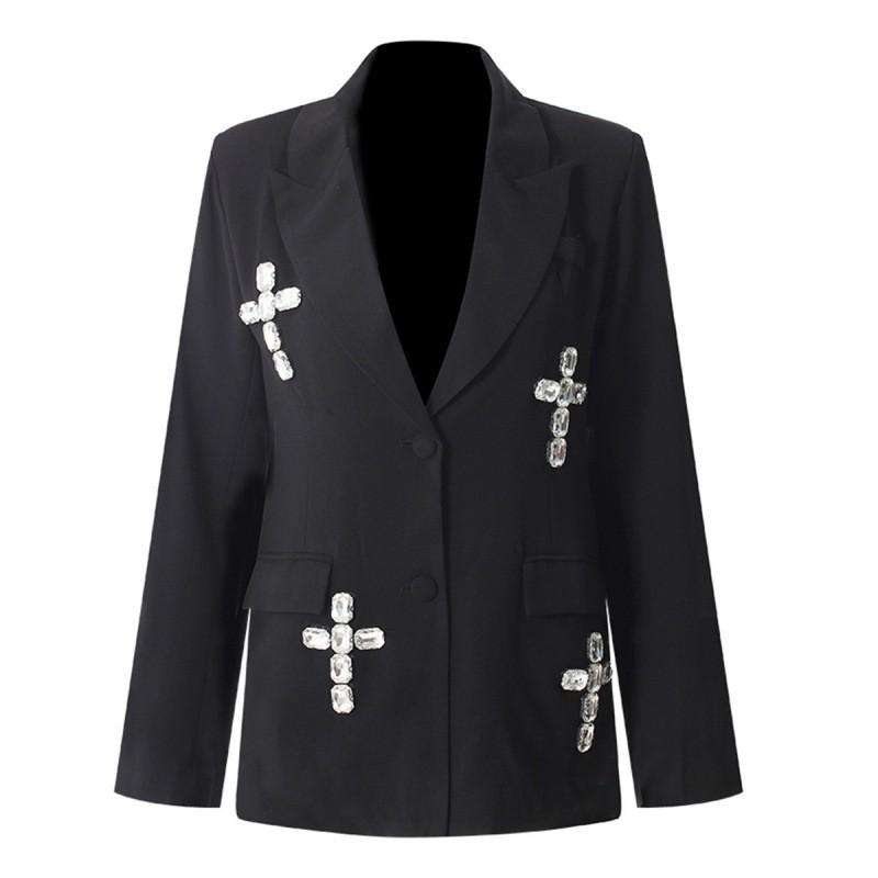 Elegant Oversized Blazer With Crystal Rhinestone Embellishment Loose Fit Office Chic Jacket Women