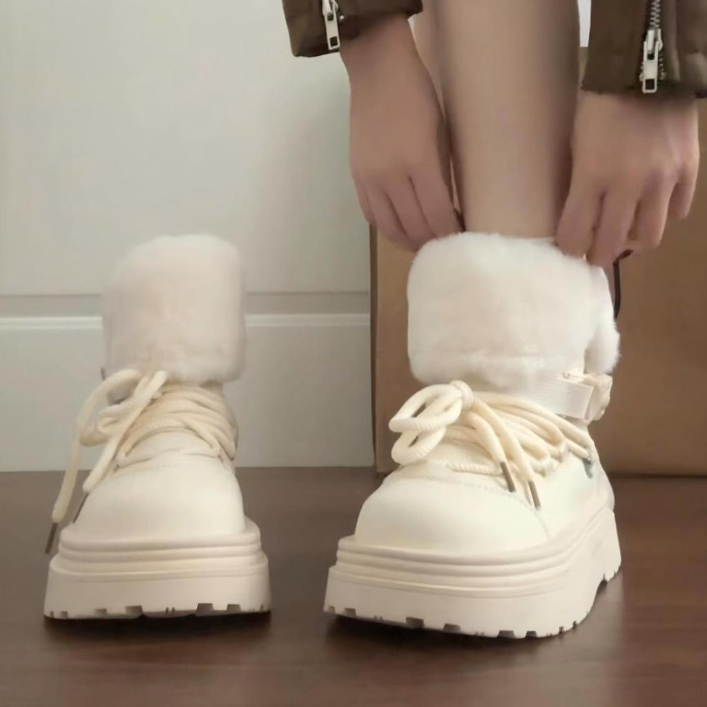 Cowhide Version with Two Turned Hairs, Wearing Thick-soled Snow Boots, Women's New Velvet and Thickened Cotton Shoes In Winter