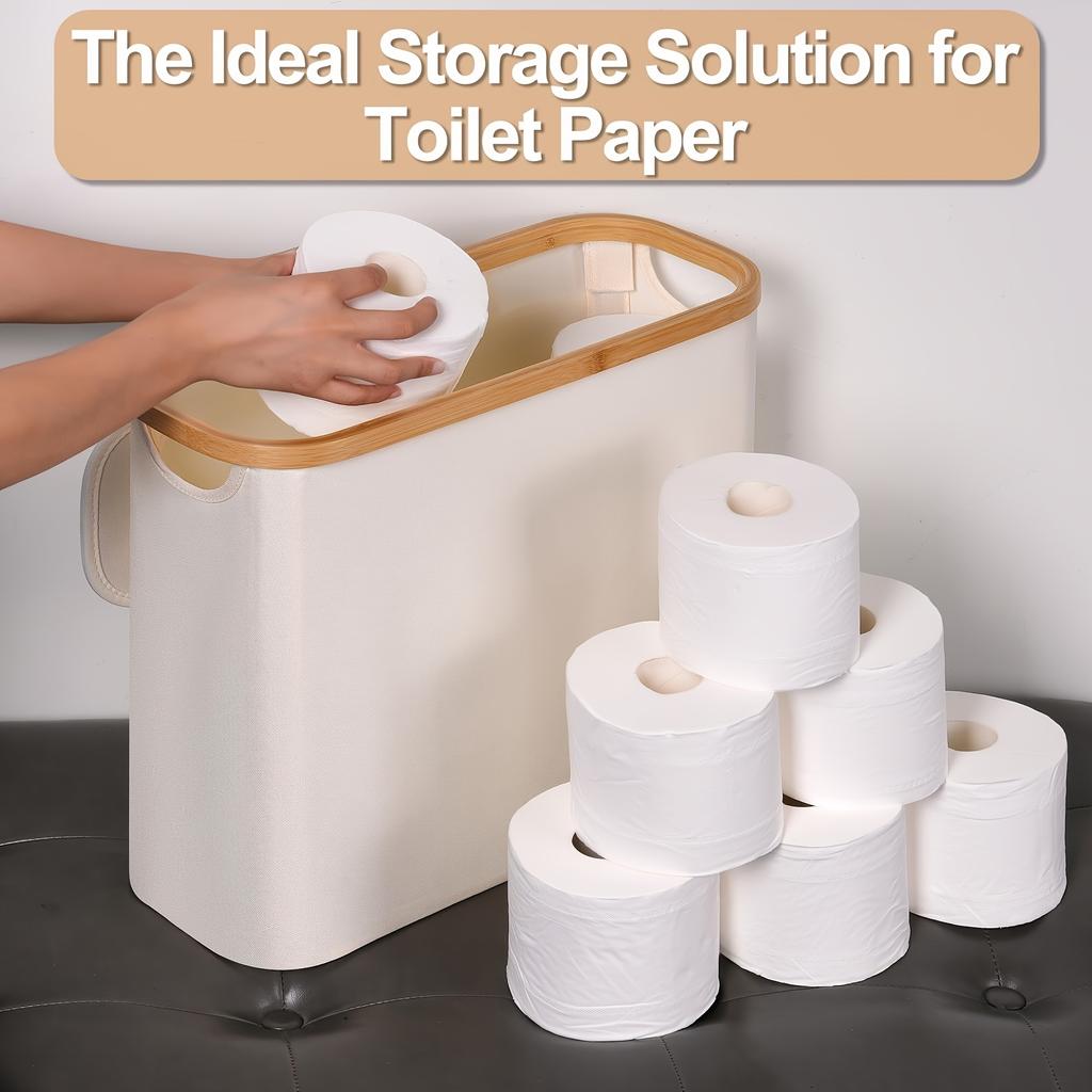 A Bamboo Toilet Paper Holder in A Bohemian Style Featuring A Storage Basket,Versatile Collapsible Basket Can Be Used for Laundry