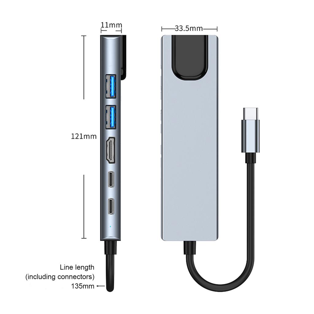 6 In 1 TYPE-C To HDMI+USB3.0+2.0+RJ45 100M+PD+Data Interface Hub Adapter Dock