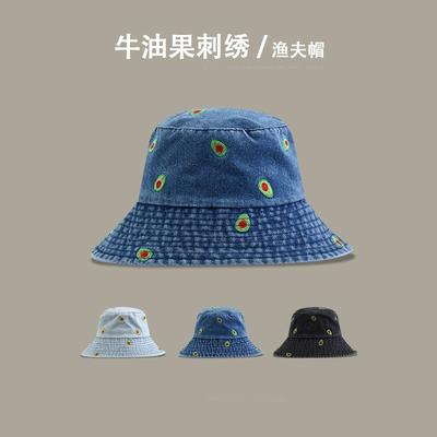 Denim Fischerhut Damen vielseitig schlicht Avocado bestickter Fischerhut Frühling und Herbst Sonnenschutz Studenten Trend Beckenhut