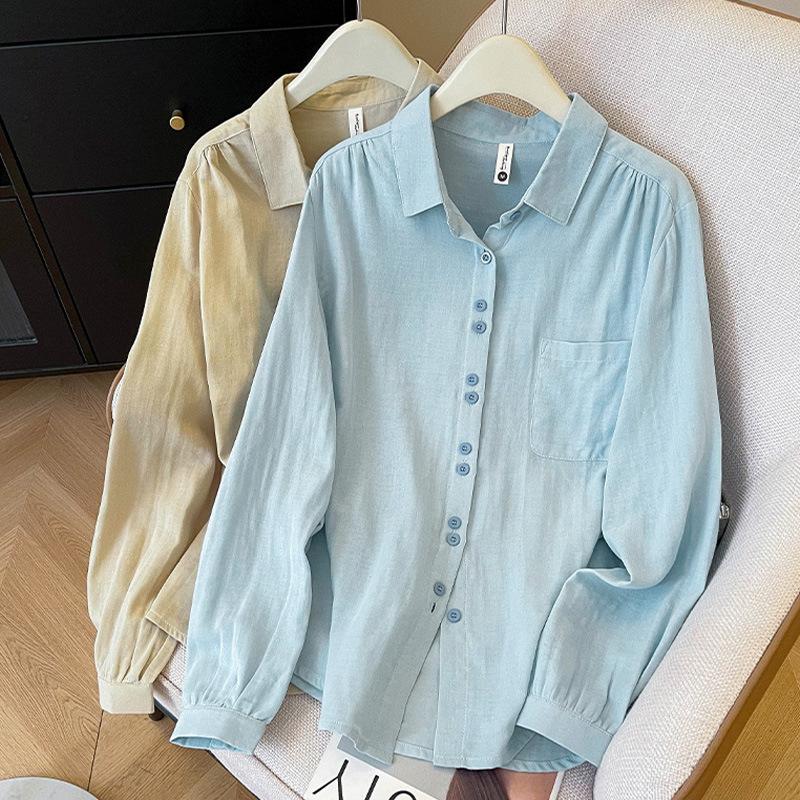 Double-layer Cotton Yarn Cotton Literary and Casual Style Shirt Spring and Summer New Breathable Loose Simple Design Lapel Top