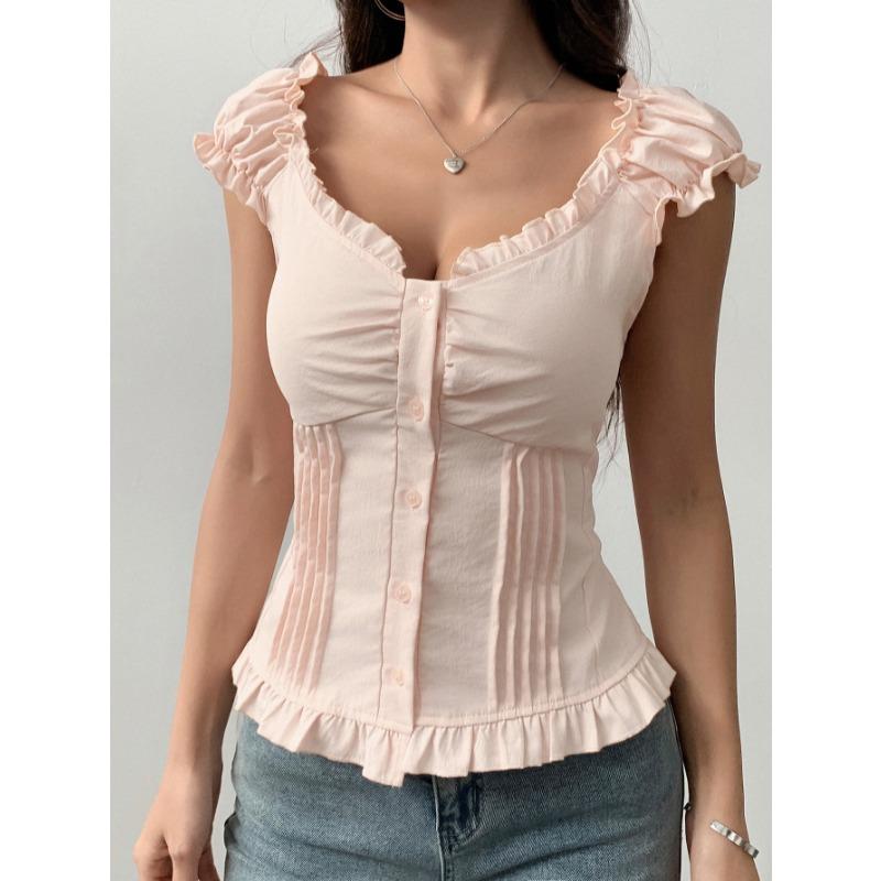 Summer Short Sleeved Rufffled Women Vest Sweet Slim Fit Blouse Solid Color Simple Pleated V Neck Shirts Fashion Elegant Women's Clothing
