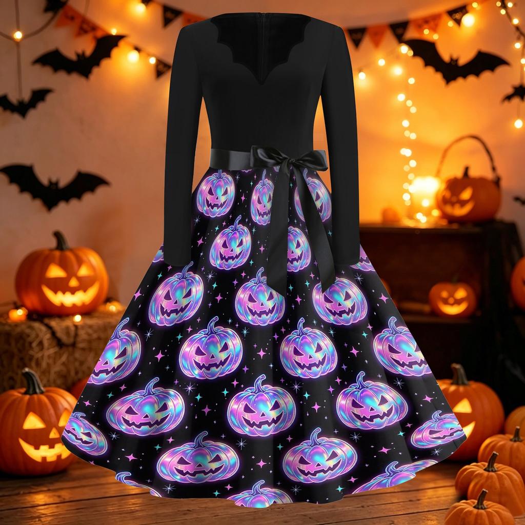 Women's Casual Halloween Print V Neck Vintage Dress Long Sleeve Retro Style Midi Dress with Waist Tie for Seasonal Wear