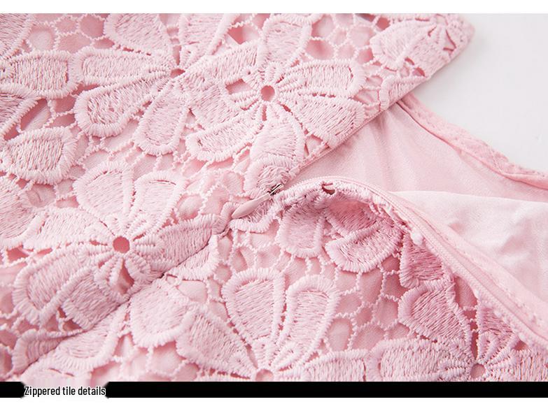 Rochie Roz Casual Mărimi Mari din Dantelă Solubilă în Apă pentru Persoane de Vârstă Mijlocie și Vârstnice