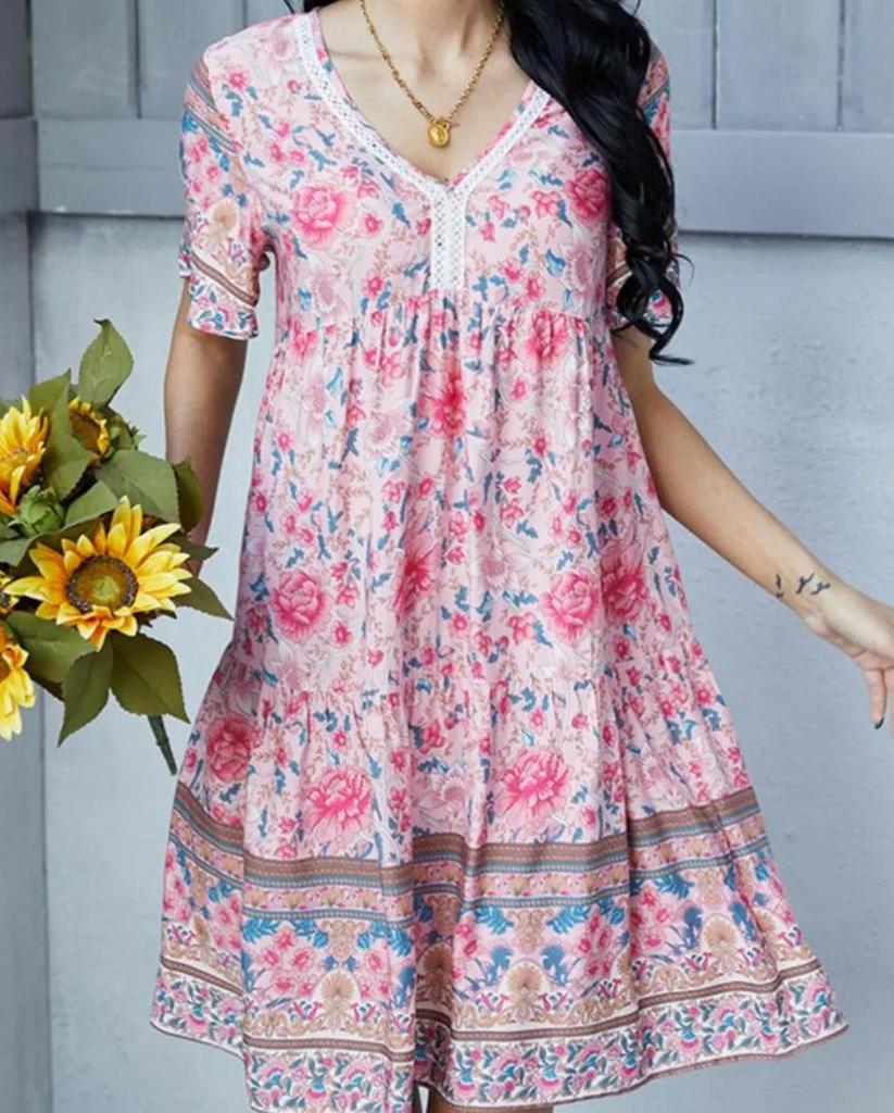 Summer French Retro V-neck Floral Dress - Beach Vacation Style for Women