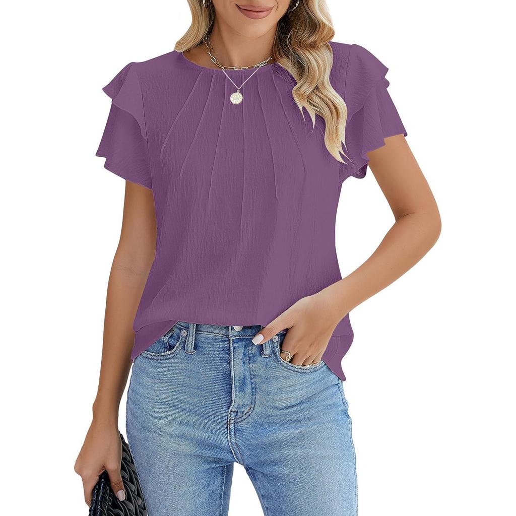 Damenmode Locker geschnitten Rundhals Falten Pullover T-Shirt Kurzarm Top