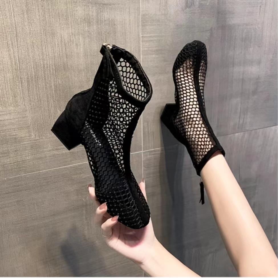 Fashion Women's Sandals Summer Black Shoes Ankle Boots Mesh Hollowing Out Elegant Medium Heels Barefoot Elegant Party Dresses Woman 2024