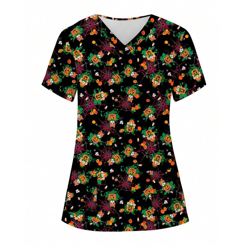 Halloween Clinical Uniform Woman Cute Little Ghost Print Healthcare Nursing Fashion V-Neck with Pockets Woman Medical Uniform