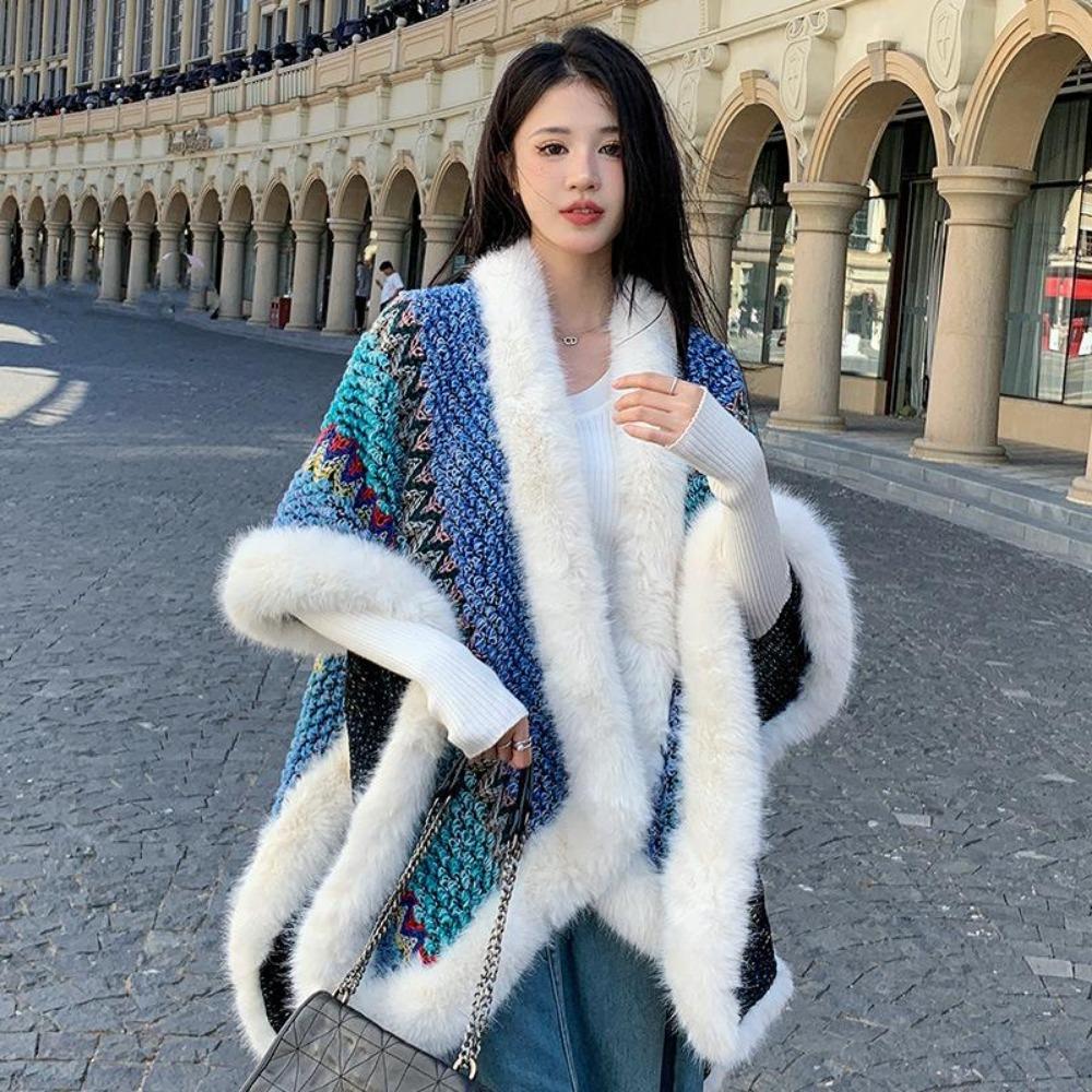 

Этнический стиль большой меховой воротник шаль с женской дорожной одеждой осень и зима теплая вязаная куртка накидка шаль прилив One size