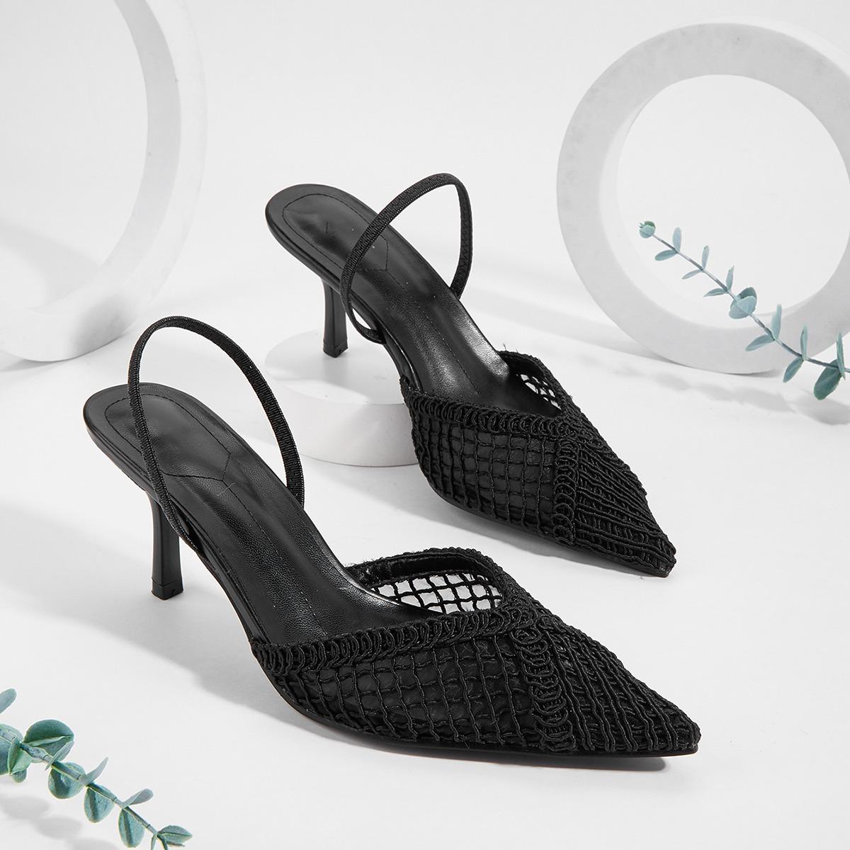 

Сетчатые брендовые сандалии Женские туфли-лодочки Острый носок Элегантный слингбэк Высокий каблук Женские туфли с бусинами Дизайнерские банкетные свадебные туфли 42 чёрный