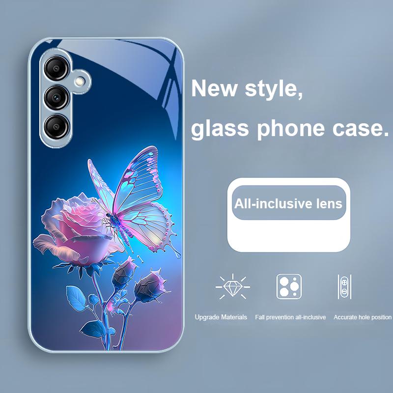 Glass Phone Case For Samsung Galaxy A01 A02 03 Core A04 A14 4G A13 54 34 31 20 25 23 22 5G S21 Ultra S20 Butterfly Gradient Blue