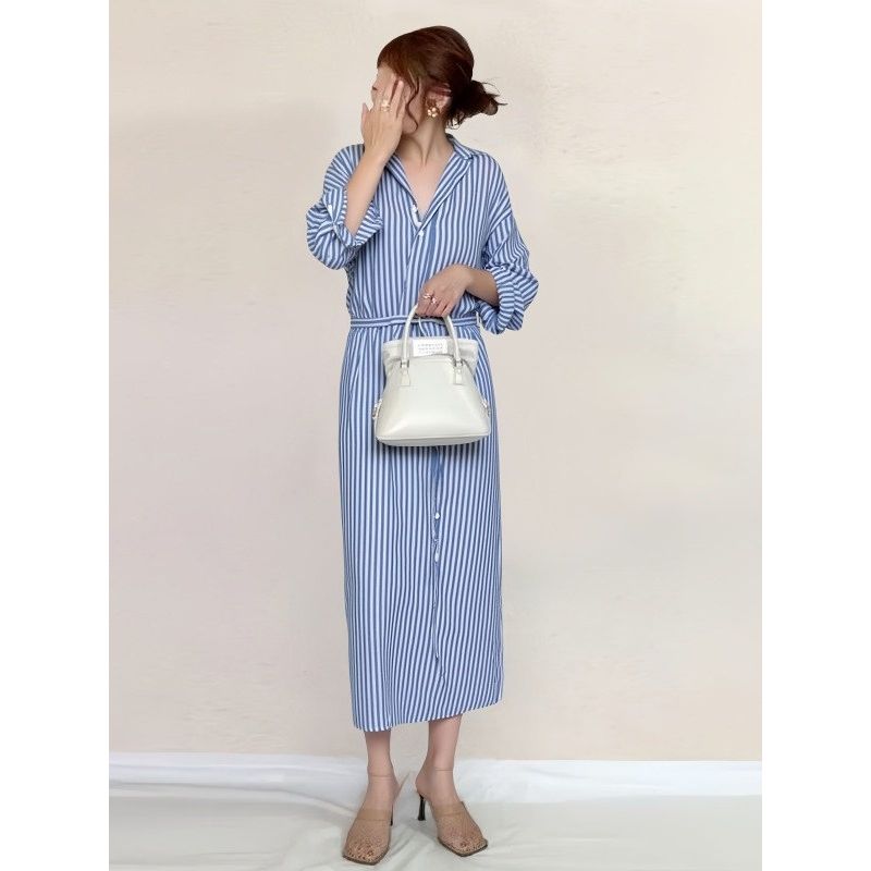 Japanese and Korean Spring New Arrival Work Clothing Ol Artsy Polo Collar Stripes Belt Mid Length Long Length Long Sleeves Shirt Dress Dress