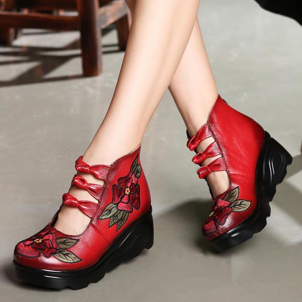 Fashion Women's Wedge Shoes Casual Female Sneakers Low Rubber Zip Embroider High Round Toe Floral Genuine Leather Butterfly-knot Leisure