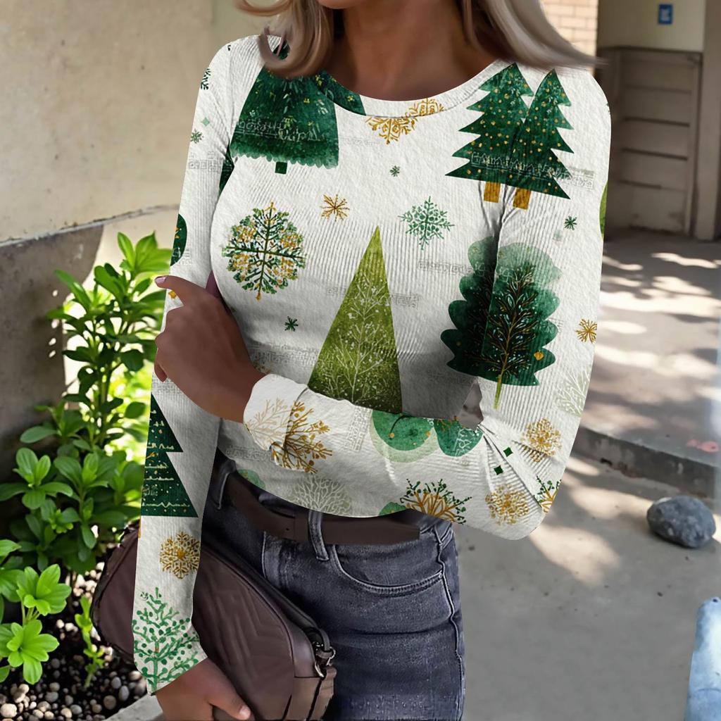 Women's  Slim Bottom T-shirt Fashion Casual Gradient Printing Round Neck Pullover Long Sleeve Top