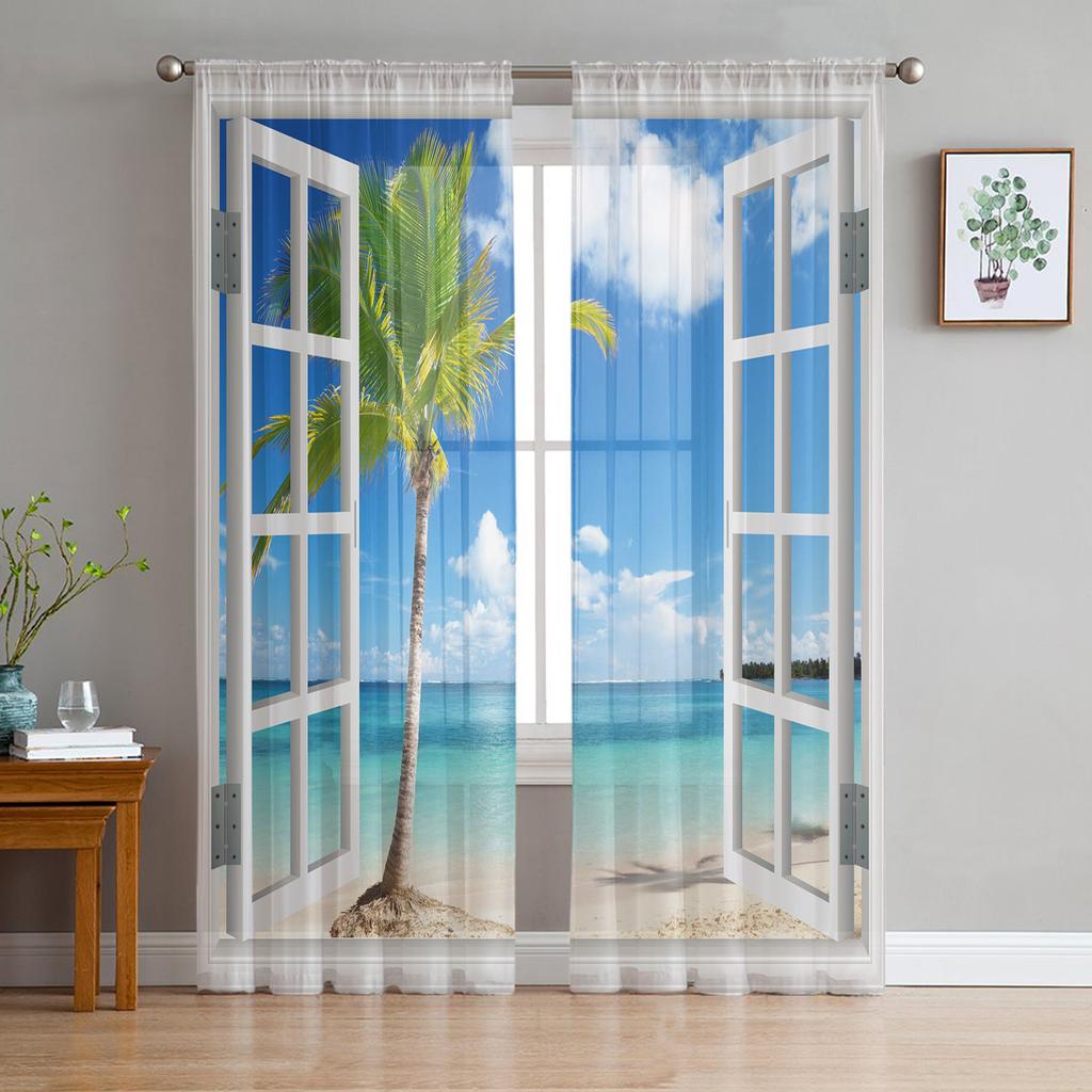 For Living Room Bedroom Space Decoration Chiffon Translucent Voile Kitchen Area Window Opening Drape Drapes - Sunrise Snow Footprints Tulle Curtains