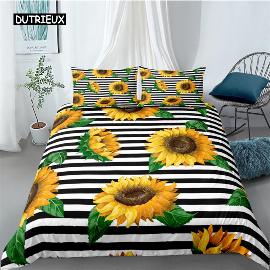 Duvet Cover Sunflower Yellow Flower Bedding Set Farmhouse Green Leaves Floral Quilt Cover for Women Girl Bedroom Decorations
