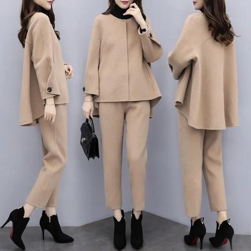 Women's Autumn Winter Woolen Two Piece Set Coat Cucumber Pants Casual Fashionable