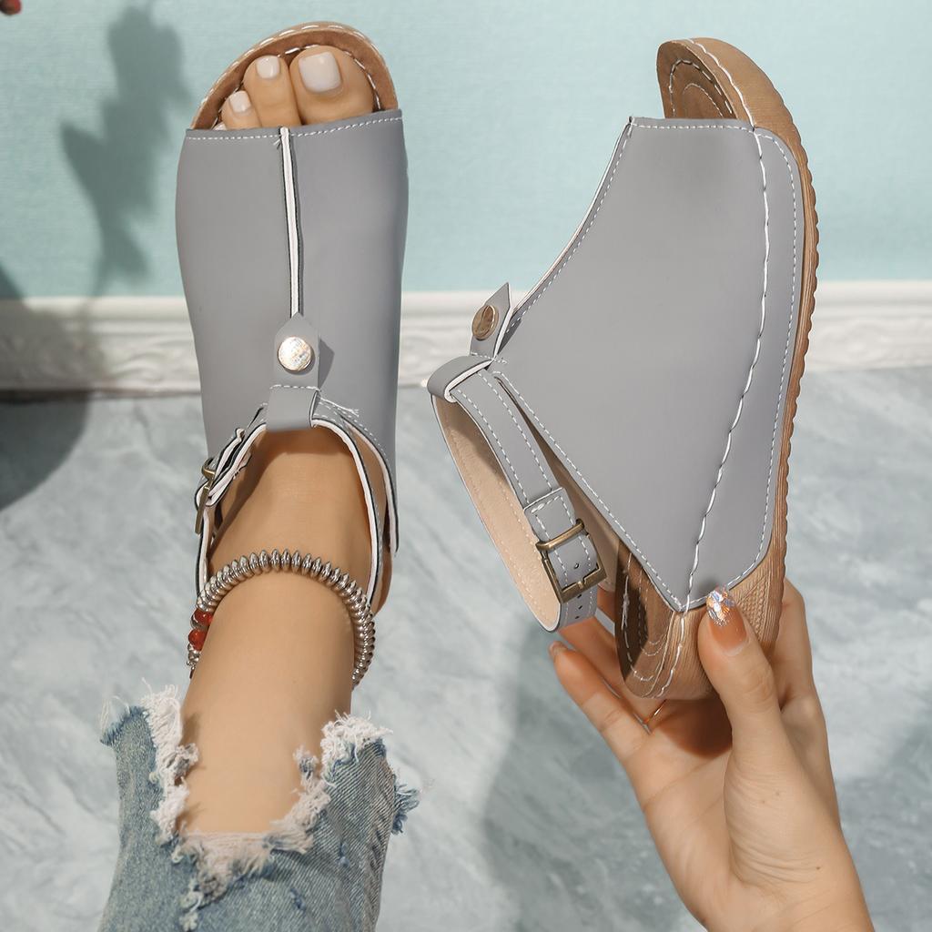 European and American Summer New European and American Fashion Fish Mouth Thick-soled Wedge Sandals Large Size One-word Buckle Strap Flat Sandals