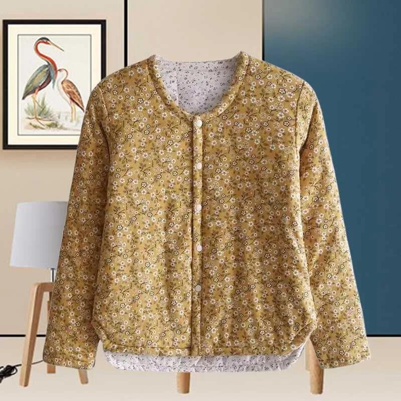 Autumn Winter Single-piece Long-sleeved Home Clothing Middle-aged and Elderly Women's Cardigan Thermal Underwear Fleece Tops