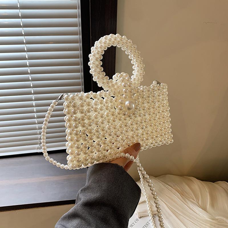 Elegant Lady Pearl Handbag Small Crossbody Bag Pvc With Pearl Embellishments For Daily Use