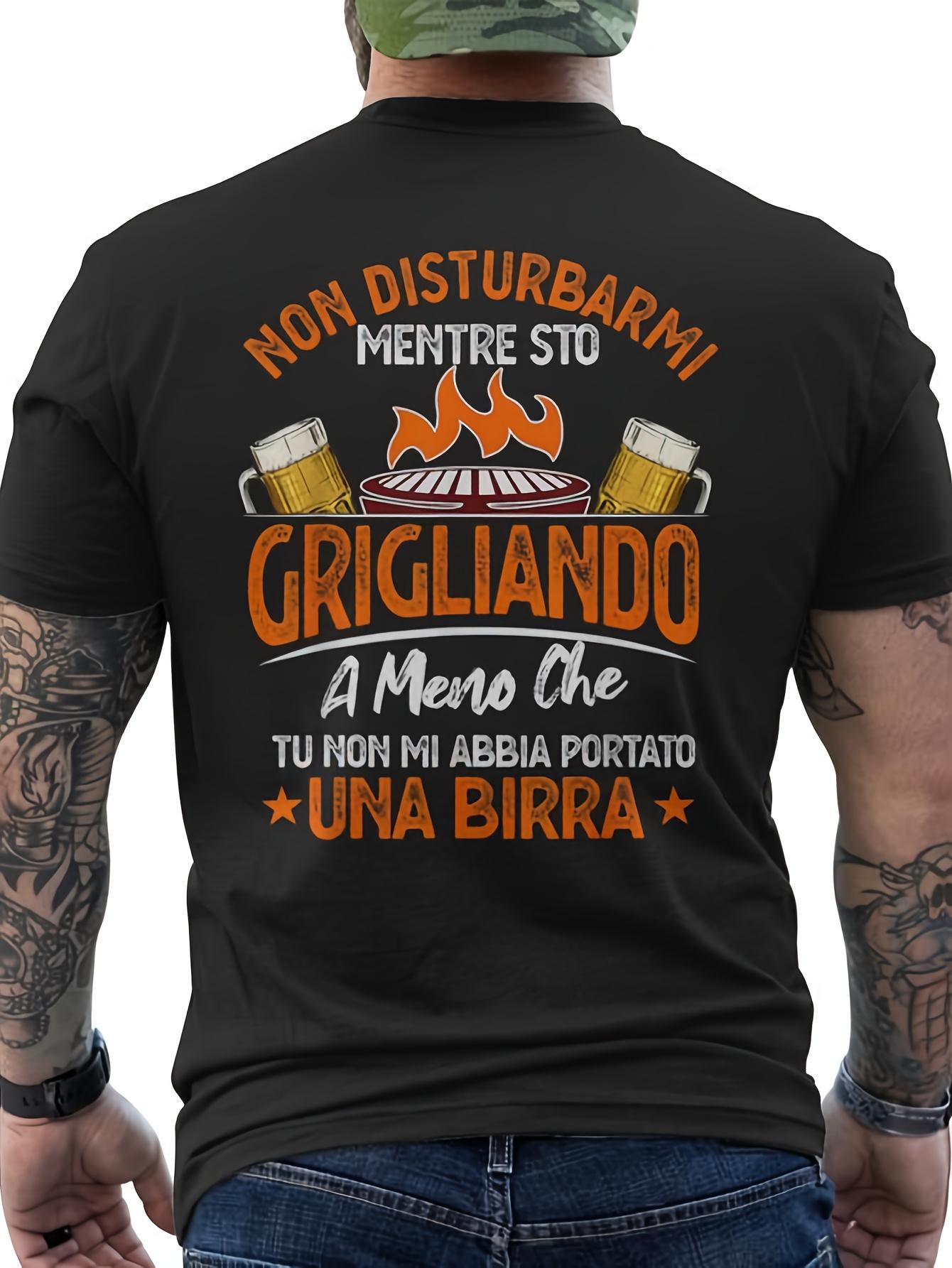 Men s Funny Italian Beer T-Shirt - Italian Proverb Slogan & Beer Barrel Back Print - Italian Text Gift for BBQ Parties S
